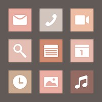 Simple flat app icons vector in earth tone for mobile phone set