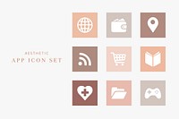 Mobile app icons vector beige theme simple flat style collection