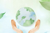 Watercolor background vector with hands protecting the world illustration 