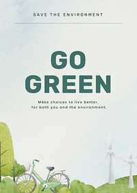 Editable environment poster template vector with go green text in watercolor