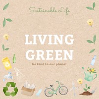 Editable environment template vector for social media post with living green text in watercolor