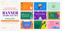 Motivational quote template vector banners with cute animal illustration set