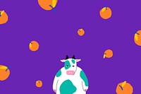 Orange fruit pattern vector with cow on purple background