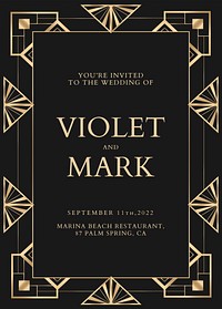 Wedding invitation card vector template with geometric art deco style on dark background
