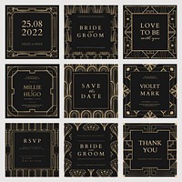 Wedding invitation vector template for social media post with geometric art deco style