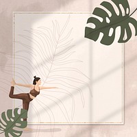 Floral yoga pose frame vector with woman practicing lord of the dance pose