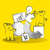 Online business management with doodle avatars yellow illustration