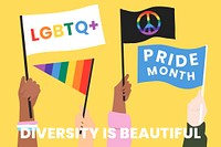 GBTQ rights banner template vector with activists waving LGBTQ rainbow pride flags