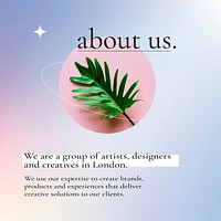 Business editable text vector on purple gradient social media post, about us