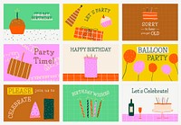 Colorful birthday banner template vector with cute doodles set