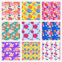 Colorful spring floral pattern vector with roses background set