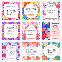 Spring floral SALE template vector with colorful roses fashion social media ad set