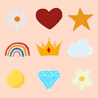 Cute hand drawn sticker vector element set