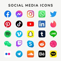 Social media icons vector set with Facebook, Instagram, Twitter, TikTok, YouTube logos