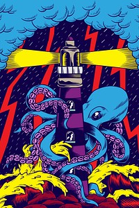 Octopus attacks lighthouse collage element, retro illustration psd