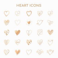 Gold heart icons, vector set in doodle style