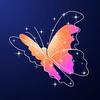 Glitter butterfly sticker, orange colorful aesthetic vector animal illustration