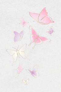 Flying butterfly sticker, pastel gradient line art vector animal illustration set