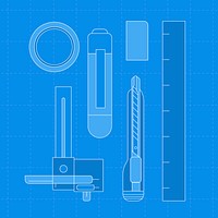 Blue stationery outline, vector illustration set