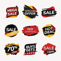 Sale badge sticker, watercolor brush stroke vector, shopping image set