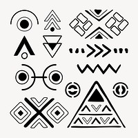 Ethnic shape sticker, black and white doodle geometric design, vector set