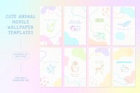 Cute animal mobile wallpaper template set, pastel memphis vector