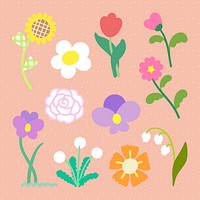 Spring flower sticker, girly design background set vector