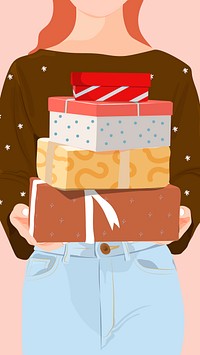 Christmas celebration mobile wallpaper, woman with presents illustration design