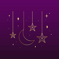 Golden celestial sticker line art, dark purple background psd