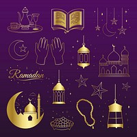 Golden line art Eid Mubarak illustration on dark purple background vector set