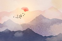 Landscape sunset background, mountain watercolor design psd