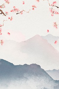 Japanese floral background, watercolor mountain landscape illustration