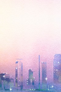 Purple skyline background, watercolor city border