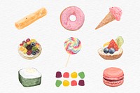 Sweet desserts vector watercolor collection