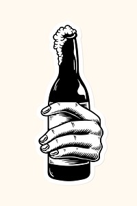 Hand holding a beer bottle sticker vector