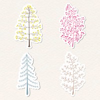 Cute pastel pine tree sticker with a white border vector set