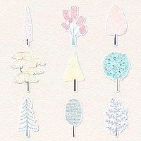 Cute pastel pine tree sticker with a white border vector set