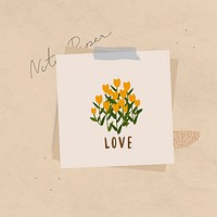 Love word message and flowers on notepaper set with sticky tape on textured background vector