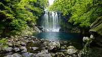 Cheonjiyeon waterfall in the Jeju island, Korea. Original public domain image from Wikimedia Commons