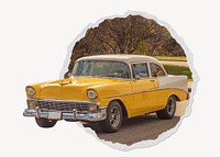 Yellow classic car ripped paper badge, vintage vehicle photo