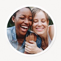 Happy lesbian couple badge sticker, LGBTQ photo in circle frame