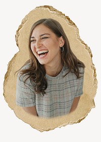 Businesswoman laughing, ripped paper collage element