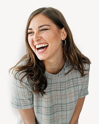 Businesswoman laughing, mental health isolated image psd