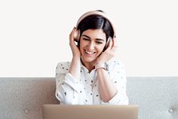 Woman listening to music photo on white background