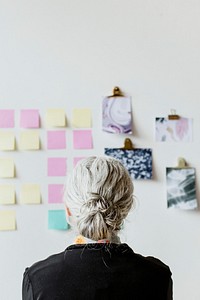 Senior businesswoman brainstorming ideas on a wall