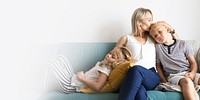 Blonde mom kissing her son&rsquo;s head and relaxing with daughter on the couch design space 