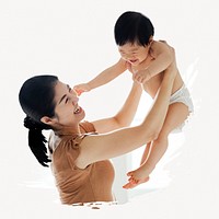 Mother holding toddler photo on white background