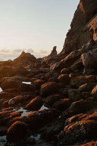 Evening beach background with sea rocks