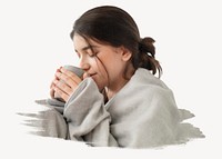 Cozy woman drinking hot tea photo on white background