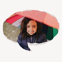 Little girl holding an umbrella, ripped paper speech bubble, rainy season image
